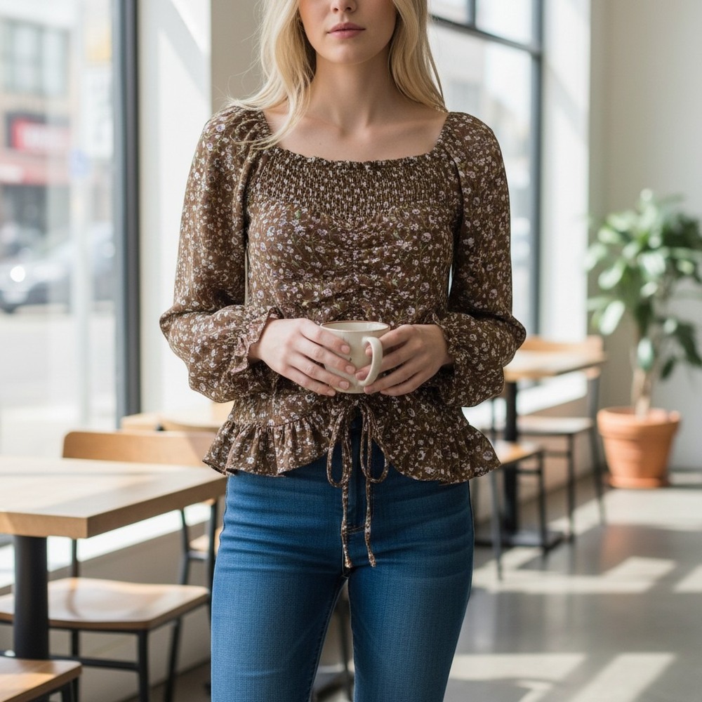 Altar'd State Floral‎ Blouse Peasant Top Cinched Drawstring Brown XS